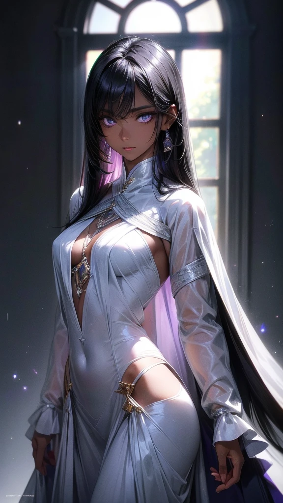 A with jet black straight hair, Dark Skin, Latin, Purple Iris, Delicate eyes, Delicate face, Wearing tight white cloth,Light, A fuller body,Realistic concept art with strong backLighting.