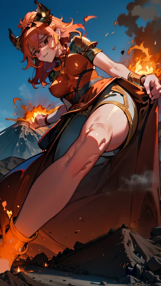 From the heights of a volcano, the Giantess Goddess, with skin the color of molten lava and eyes of burning gold, descends upon the city. Her flaming hair dances wildly as she steps down, her immense feet crushing anything in their path. Normal-sized people flee in terror, but many are too slow, finding themselves trampled underfoot. She scoops up those who remain, her touch scorching but gentle. Whispering dark promises, she presses their tiny bodies against her fiery form, each crushed life amplifying her volcanic lust.