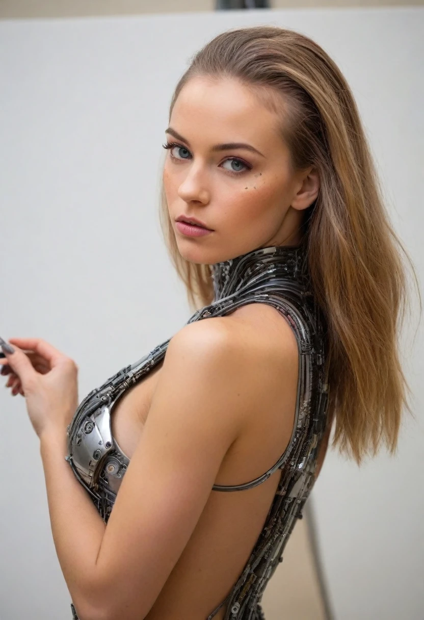 A cyborg girl stands in the center of a large bright studio and is engaged in creating her self-portrait on canvas. She is depicted in all her majestic beauty and elegance. Her metallic skin reflects the light, creating a play of hues and highlights like an expensive piece of jewelry.
Her long metal hair frames her face, giving her a mysterious and alluring look. Her bright eyes, in which light shimmers, stare straight ahead with confidence and the strain of creative inspiration.
The cyborg girl is depicted in a graceful pose, showing off her grace and strength as well as the fine workings of her mechanical limbs. Her hands hold brushes and are immersed in the creative process of creating a stunning work of art.
The outline of the self-portrait she is creating with oil paints is already outlined on the canvas. The drawing begins to come to life under her dexterous fingers, gaining depth and volume, and the coating of color fills the canvas with bright hues and rich colors.
This entire moment is captured in a gorgeous and amazing scenario that combines the beauty of art, power and technological advancement to make the cyborg girl a unique and inspiring image.