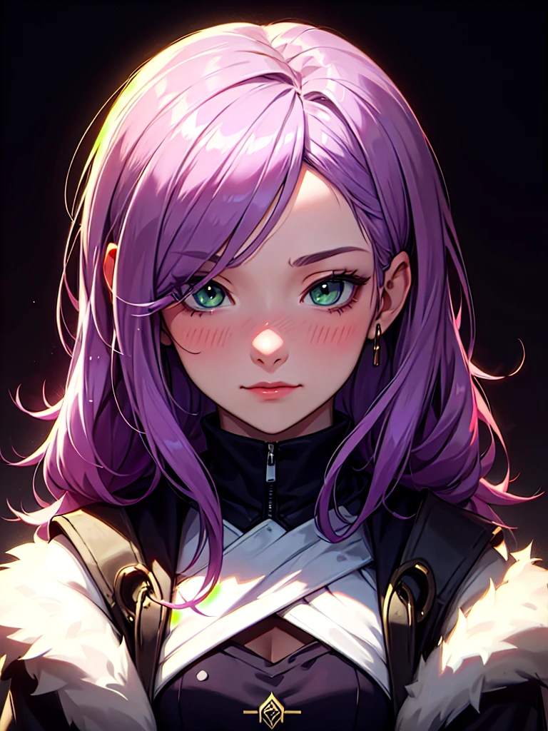 ((Portrait)), She has an Graceful, Purple-Haired Appearance, with Childlike Charm, Pale Skin, and a Very Small Build. She Expresses an Indifferent and Blushing Look, Giving Off a Carefree Attitude. She has Light Green Eyes, and Her Hair is Long and Tousled, Dark Purple, with Strands Falling Over Her Forehead. She Wears a Winter Coat. ((Portrait, HDR, Dark Background))