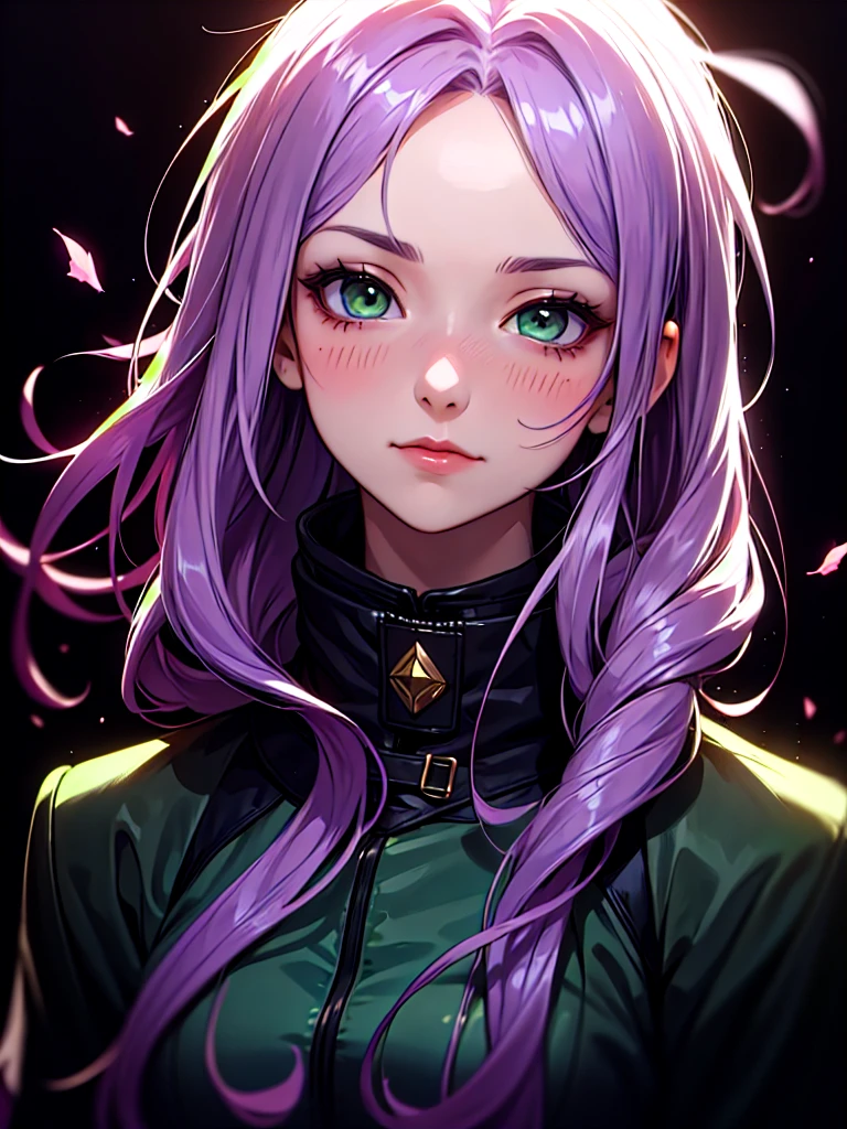 ((Portrait)), She has an Graceful, Purple-Haired Appearance, with Childlike Charm, Pale Skin, and a Very Small Build. She Expresses an Indifferent and Blushing Look, Giving Off a Carefree Attitude. She has Light Green Eyes, and Her Hair is Long and Tousled, Dark Purple, with Strands Falling Over Her Forehead. She Wears a Winter Coat. ((Portrait, HDR, Dark Background))