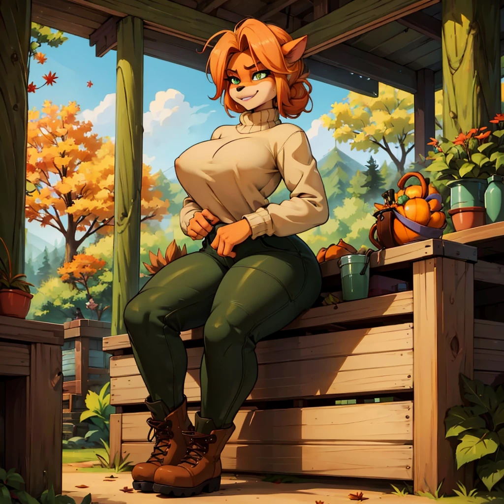 sancy anthro bandicoot girl redhead, braided hair, beautiful green eyes, sexy ,seductive, warm sweater, , camouflage pants, army boots, , Cozy autumn atmosphere, , the forest, autumn , Girl in sweater, ,trousers, army boots, furry anthro bandicoot, seductive facial expression wide grin , hands to pants, dynamic pose, futanari
