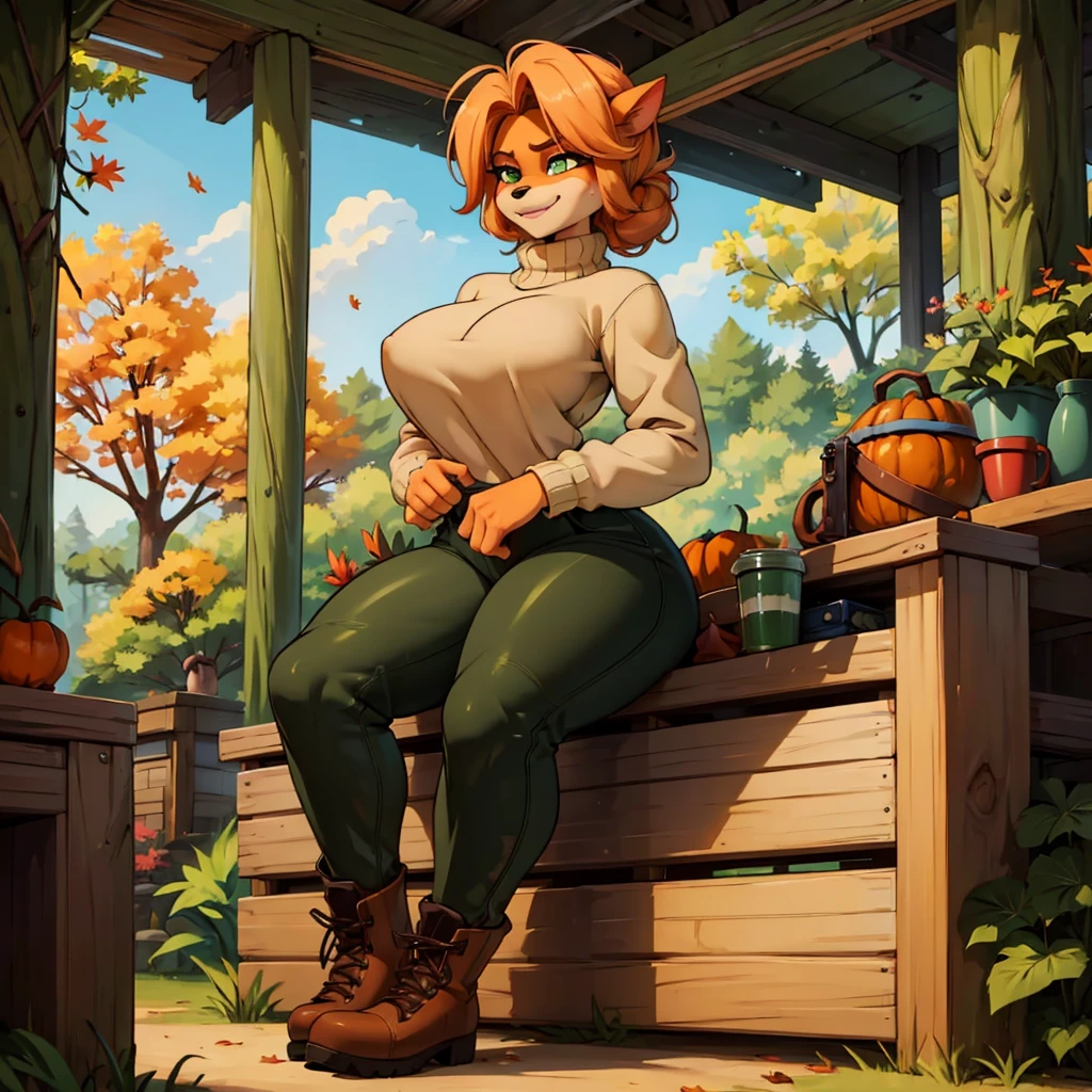  sancy anthro bandicoot girl redhead, braided hair, beautiful green eyes, sexy ,seductive, warm sweater, , camouflage pants, army boots, , Cozy autumn atmosphere, , the forest, autumn , Girl in sweater, ,trousers, army boots, furry anthro bandicoot, seductive facial expression wide grin , hands to pants, dynamic pose, futanari