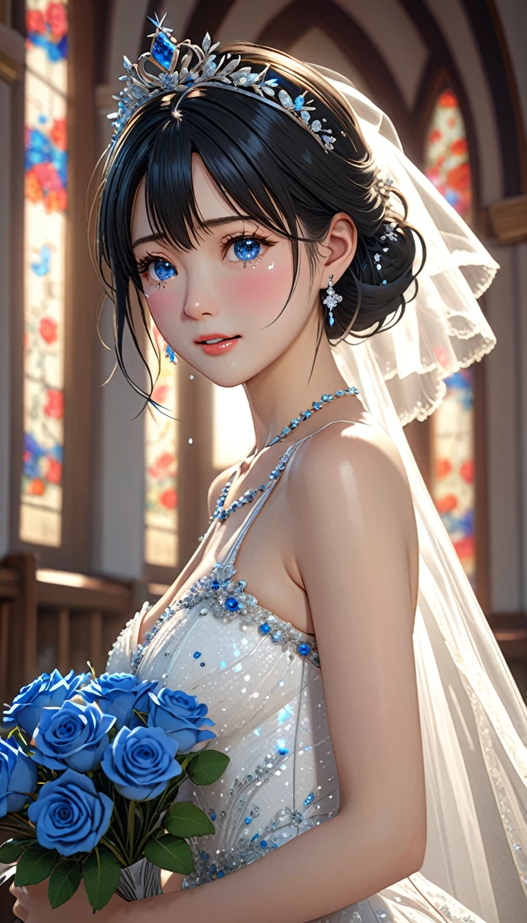 National Science Foundation,masterpiece,High resolution,8K,art,refer to,3D,Kyoto Animation Style,Your Name movie style,uhd, high details, highres, 8K, 16K, high quality, best quality, super detail, textured skin, masterpiece, accurate, anatomically correct, award winning,To the camera,(Staring straight ahead),Soft Light,Glowing Skin,(1 female: 1.3),(alone: 1.4),(((Black Hair))),(nice,Sparkling Wedding Dress),Swarovski crystals on gorgeous wedding dress,crystal crown,crystal necklace,crystal earrings,Long eyelashes,Thin legs,Short Bob,Bouquet of blue roses in hand,close of upper body,close,Close-up,In a quaint church,Starry Eyes,Blushed,shy,shy,Open your mouth,(((cry))),(((Tears)))