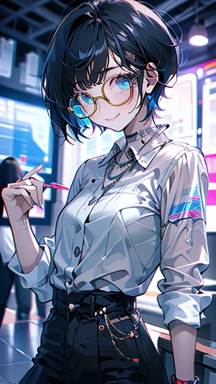 Highest quality、masterpiece、girl、Neon Town、Round glasses、Black Hair、short hair、Raise your arms and jump vertically、smile