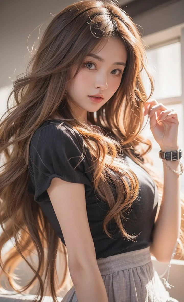 Beautiful Japanese Waifu, early 30s, brunette hair, black top, watch