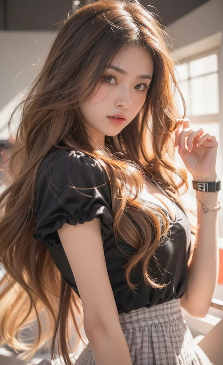 Beautiful Japanese Waifu, early 30s, brunette hair, black top, watch