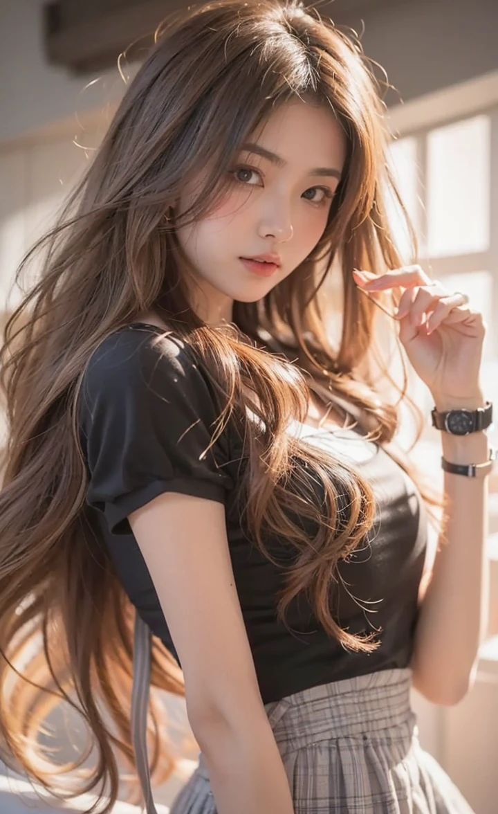 Beautiful Japanese Waifu, early 30s, brunette hair, black top, watch