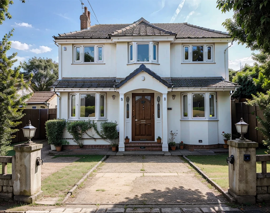 a beautiful three bedroom house in small English town, with beautiful nature. House has a garage at the corner, Big window on the first floor, stairs leading to the main door and portico. Medium size house. Single storey house.
