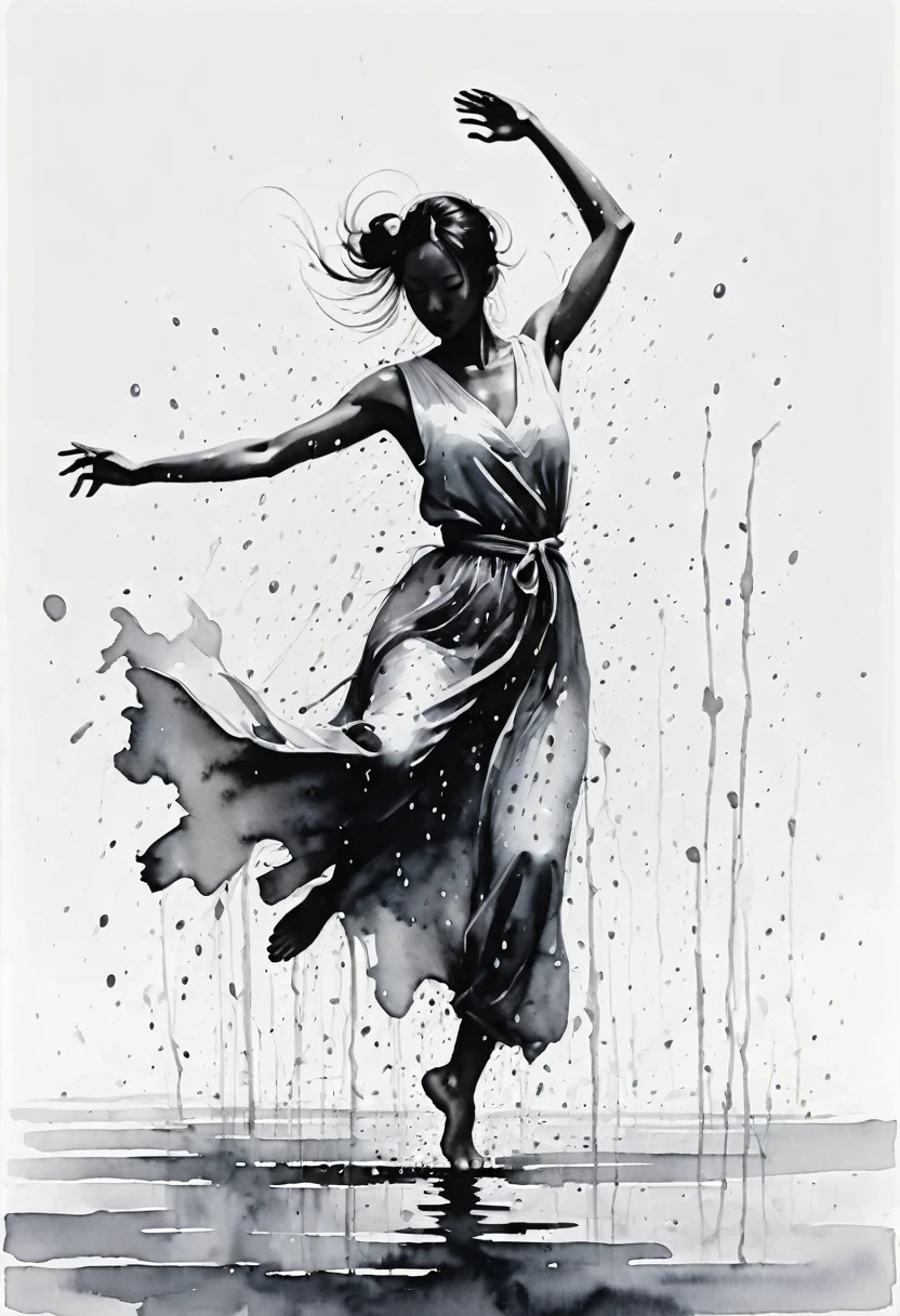 中国Ink Painting, Gray and White, Minimum,White background,Waterway, Minimalism, Huge negative space, Ink Painting, Abstract,heavy rain,A person dancing in the rain