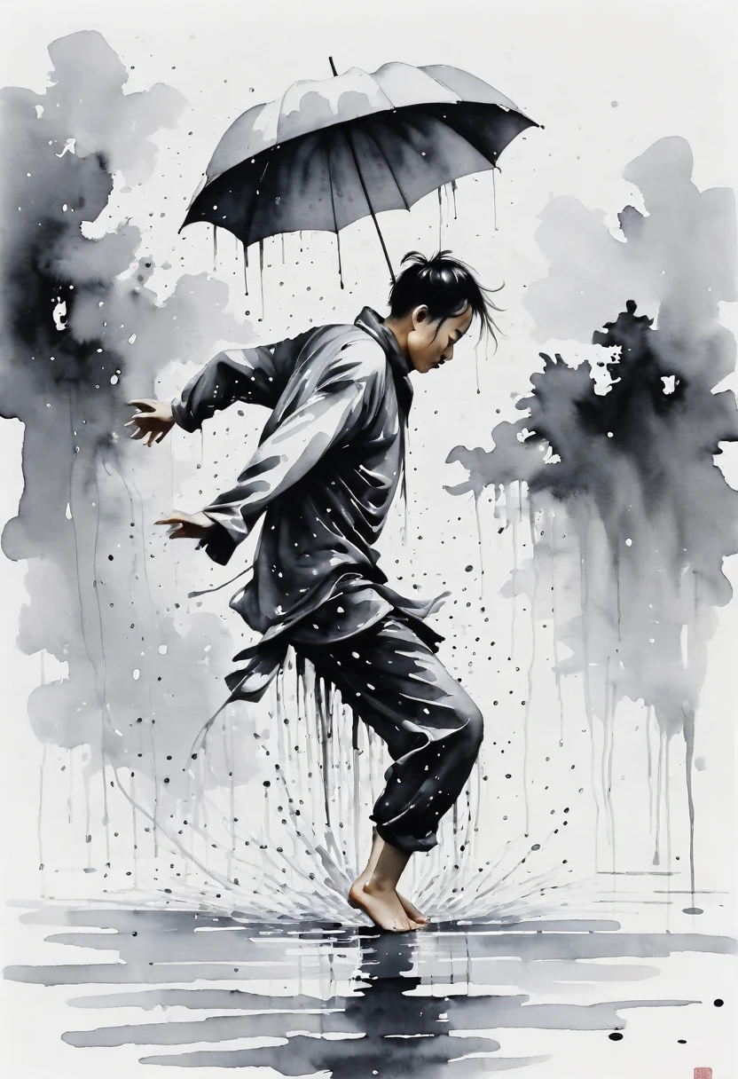 中国Ink Painting, Gray and White, Minimum,White background,Waterway, Minimalism,  Huge negative space, Ink Painting, Abstract，heavy rain，A person dancing in the rain