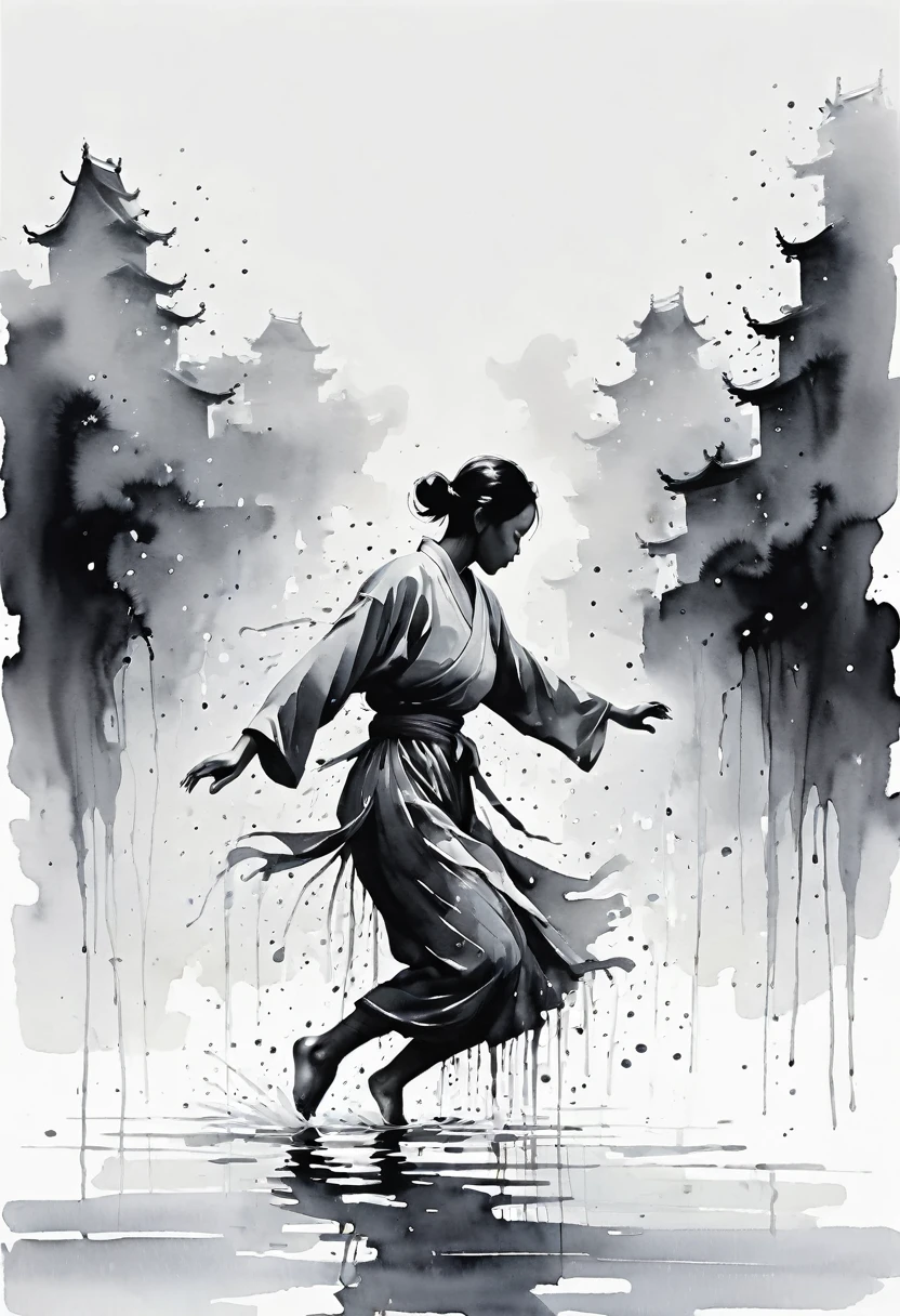 中国Ink Painting, Gray and White, Minimum,White background,Waterway, Minimalism,  Huge negative space, Ink Painting, Abstract，heavy rain，A person dancing in the rain