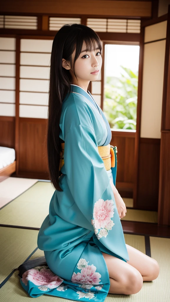 (Highest quality, 8K, Representative works in detail, Ultra-high resolution)), whole bodyポートレート、Frontal portrait、indoor、indoor、Japanese women,Age 25、barefoot、Stand up straight、whole body、whole bodyを撮影する、whole bodyの画像、whole bodyポートレート、profile image、coastal、Tatami room、Sitting、wear Kimono、Long Straight Hair