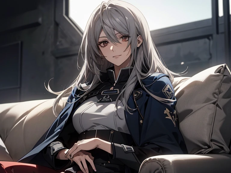 (Confused, High resolution, Very detailed), 1 female, Silver Hair,Long Hair,Reddish brown eyes,Blue and black pilot suit,24th generation,beauty,mature,thin,quiet,Calm,sofa,,Looks happy,White long cloak,Relaxing