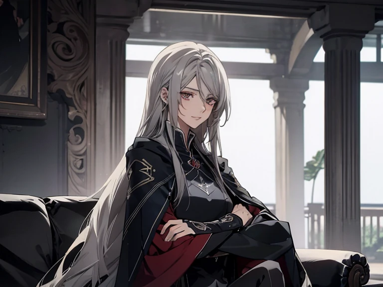 (Confused, High resolution, Very detailed), 1 female, Silver Hair,Long Hair,Reddish brown eyes,Blue and black pilot suit,24th generation,beauty,mature,thin,quiet,Calm,sofa,,Looks happy,White long cloak,Relaxing