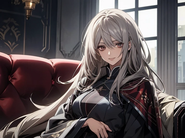 (Confused, High resolution, Very detailed), 1 female, Silver Hair,Long Hair,Reddish brown eyes,Blue and black pilot suit,24th generation,beauty,mature,thin,quiet,Calm,sofa,,Looks happy,White long cloak,Relaxing