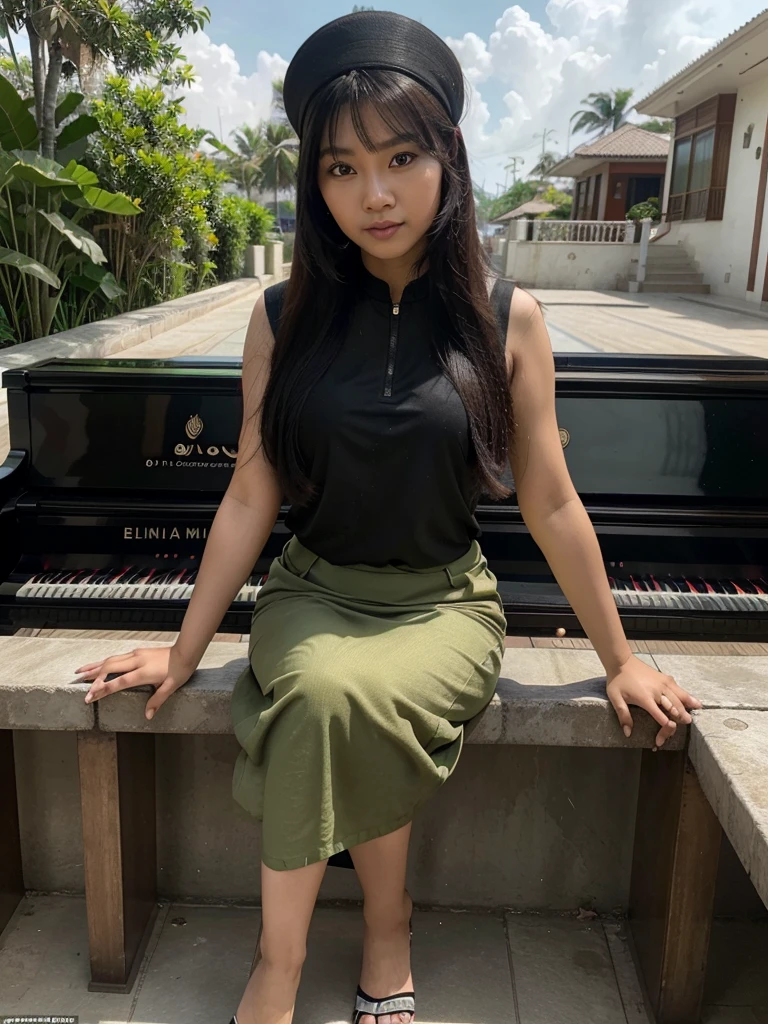   Selfi, orang cina,  berwajah kalem, 1 wanita
bermain piano memakai baju futuristik elektrik putih emas hitam bacground di balkon gedung  futuristik  di pinggir  pantai hijau lime dan kapal royal carribean,  full hd, 16k, kontras tinggi, saturasi tinggi, foto hyper realistis, cahaya bagus, wajah bagus dan sangat detail