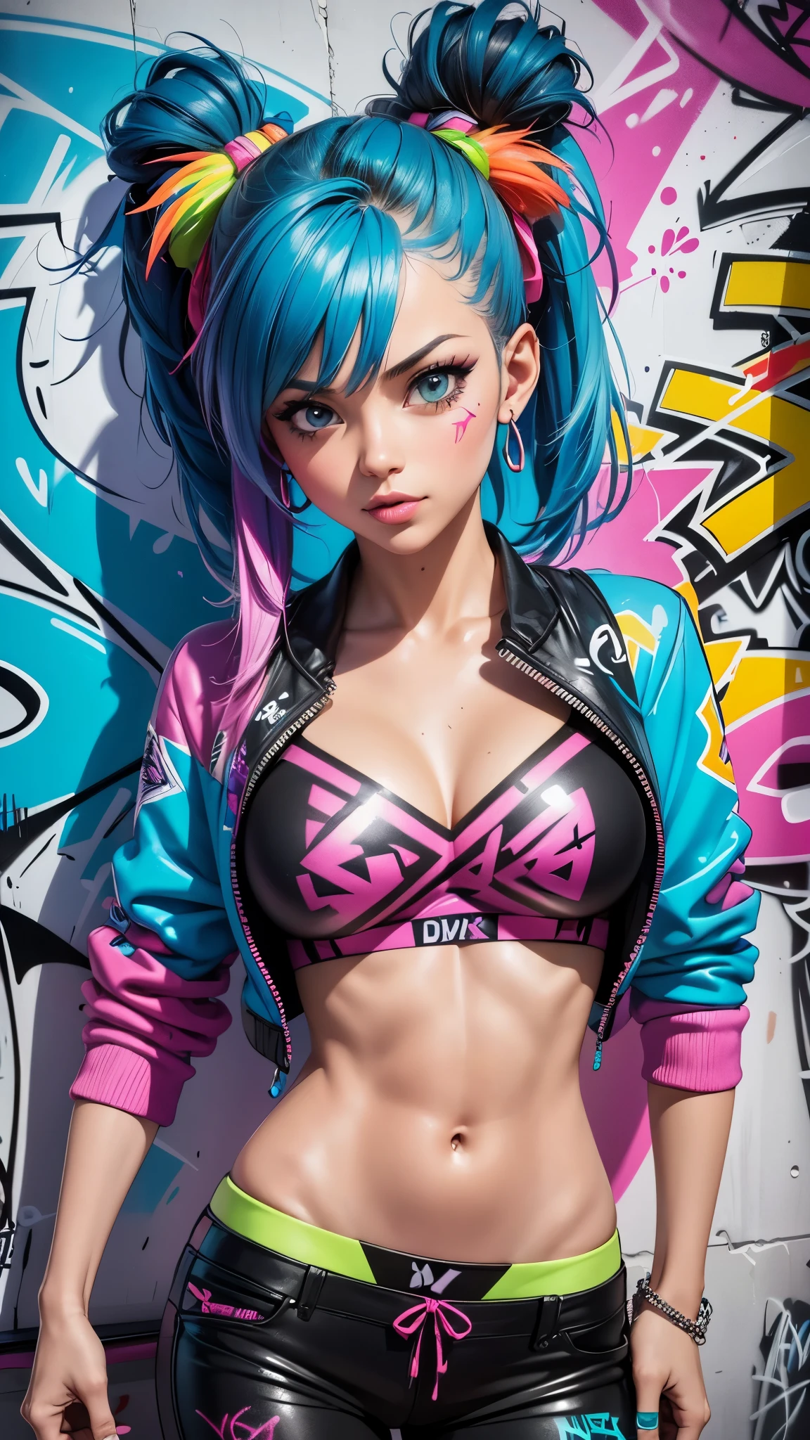 (best quality), (high detail), (vivid colors), (graffiti style), (freestyle), (Close up), (1girl), sexy female graffiti artist, spraying graffiti on a wall painted with street art, HDR, 4K, 3D, graffiti art style.