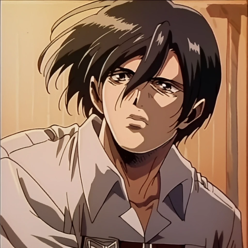 Mikasa Ackerman from attack on Titan, 1990's anime art style, high detail, upper half of body in frame