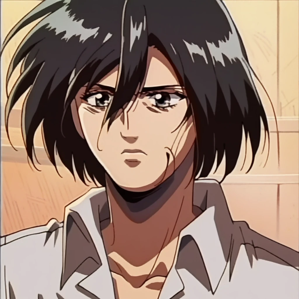 Mikasa Ackerman from attack on Titan, 1990's anime art style, high detail, upper half of body in frame