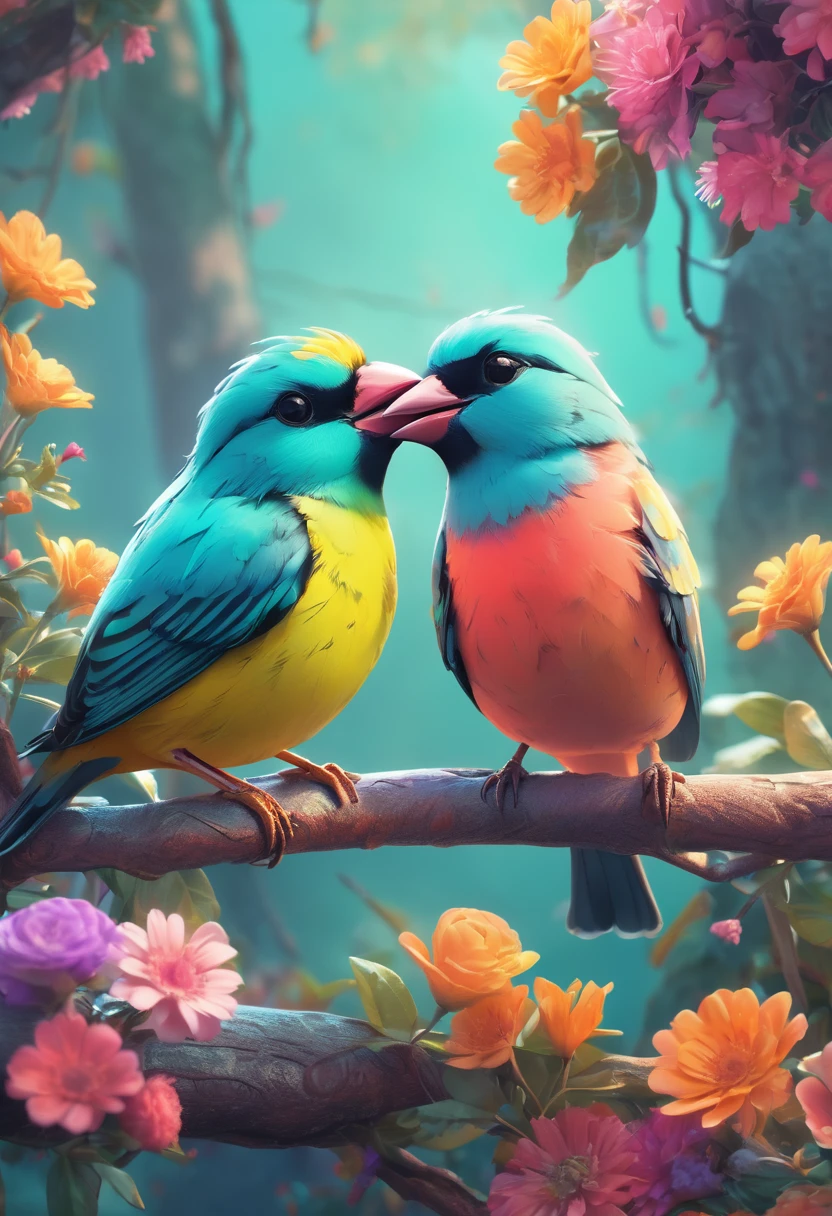 Two beautiful little colorful birds sitting close together, with one nuzzling the other,Perched on a tree branch with flowers in the background, Kissing face to face,Beautiful digital art, Colors with attention to detail, Highly detailed digital artwork, cgsociety, 3DCG,Highly detailed color low poly art, Highly detailed digital art, Vibrant and realistic colors, Beeple and Jeremiah Kettner, Colorful digital painting, Amazing digital illustrations, high quality digital painting