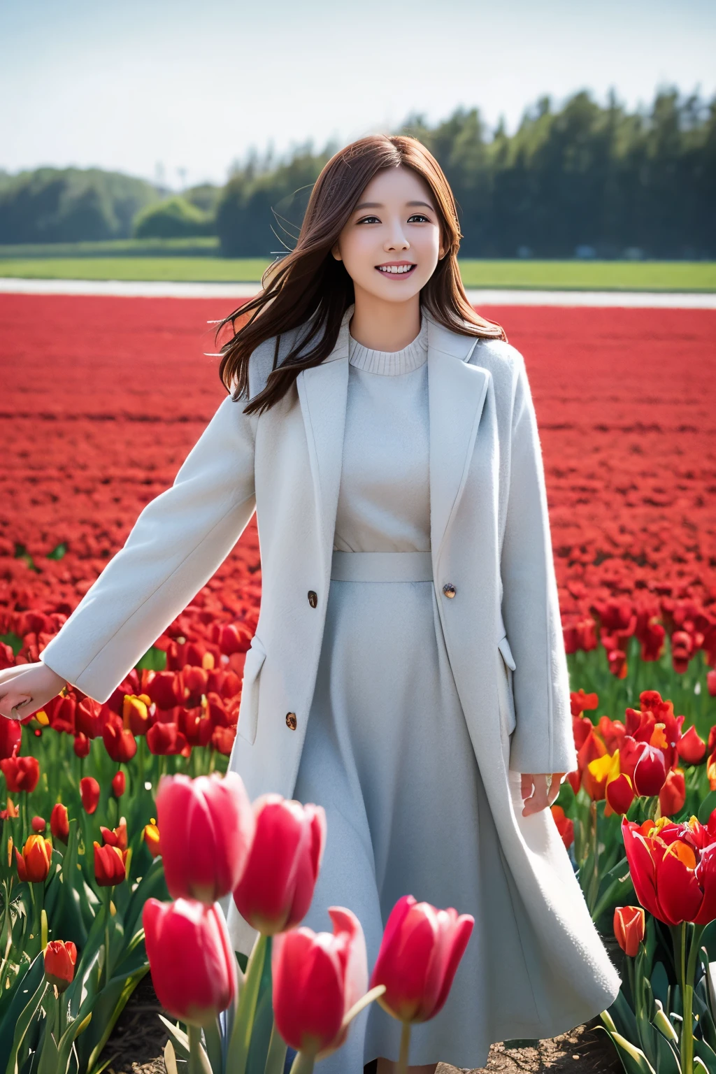 Neat and clean sister、coat、Tulip Fields、Hair blowing in the wind、Long skirt、Blur the background