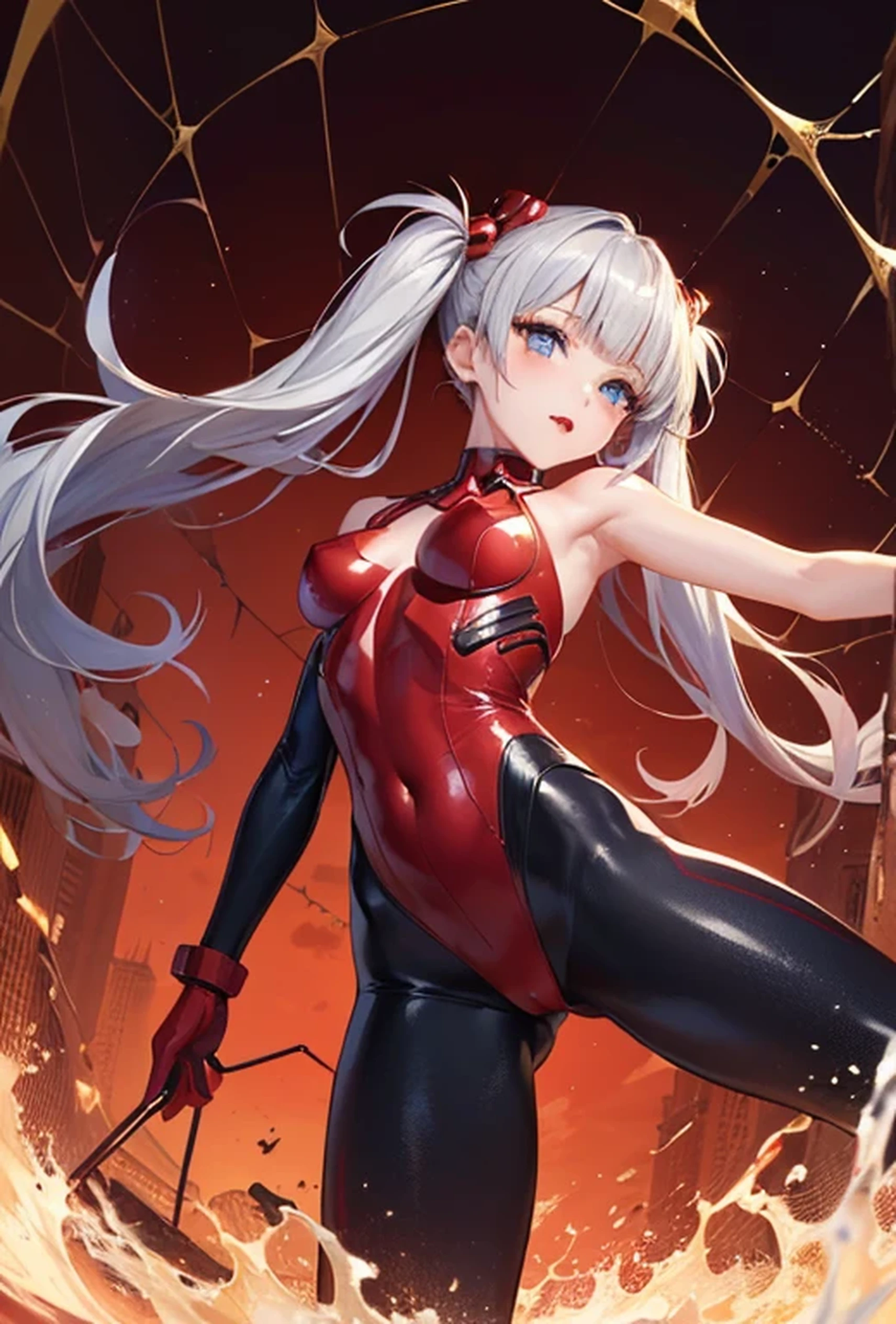 (Super detailed、Ultra-high resolution、8K masterpiece、Vibrant colors)、((Flat Color))、((Floating red water))、Dark Background、
cyber punk、Bound Spider Girl、(Spider tight suit with high leg leotard、My chest opens wide)、(Soryu Asuka Langley)、Angle from below
(Big Breasts)、（胸にArachneのタトゥー、Arachne:1.2)、 (Lift your hips、Spread your legs、look back、Random Sexy Poses)、spiderweb、 (midium Hair:1.2,Blunt bangs、Twin tails、Vermilion, gold and silver hair、hair ornaments、Beautiful blue eyes、Brown Skin、Red lipstick)、TWICE&#39;s Tzuyu&#39; on pause、Beautiful blue eyes、Stoic、Plump nipples、Beautiful hip line、(cameltoe)