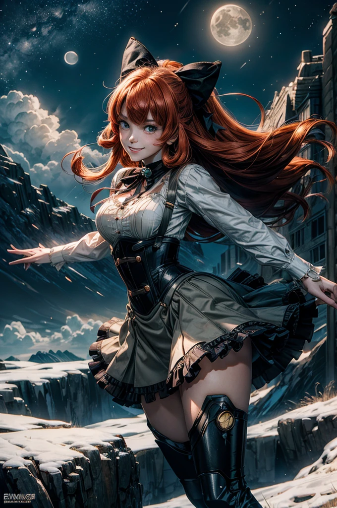 night, moon, stars, cowboy shot, (dynamic pose), smile, underbust, Penny Polendina, long red hair, neck ribbon, suspender skirt, corset, black bow, white blouse, mechanical legs, neon trim, flying in the air, blue sky, above a valley, clouds (volumetric lighting), intricate details, tonemapping, sharp focus, hyper detailed