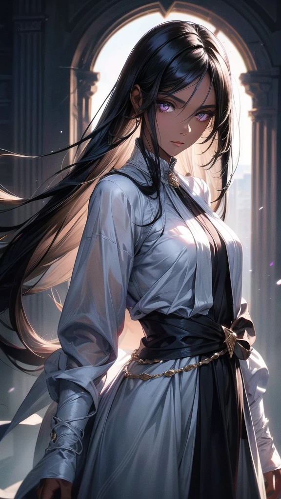 A with jet black straight hair, Dark Skin, Latin, Purple Iris, Delicate eyes, Delicate face, Wearing tightly fitted white cloth,Light, A fuller body,Realistic concept art with strong backLighting