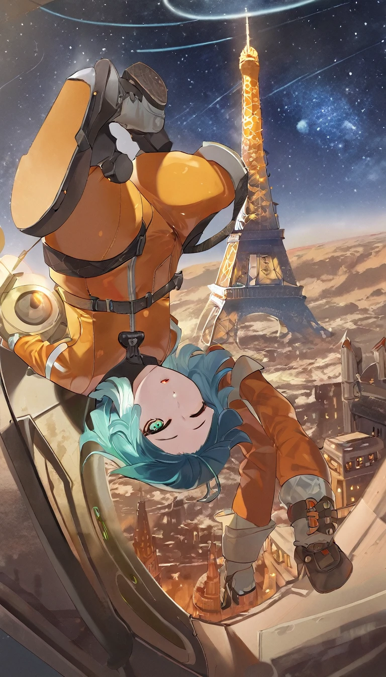 masterpiece, best quality,
1girl,   
solo, steampunk, latex, 1011, multicolored hair, star, (sky:1.1), scenery, starry sky, planetary police, science fiction, blue hat, city, 2022, aqua hair, orange hair, boots, star \(sky\), closed eyes, blunt ends, two-tone eyes, gloves, colored tips, knee pads, short hair, black footwear, short bangs,  username, giantess, spacecraft, black bodysuit, bodysuit, baseball cap, spacecraft interior, hat, aqua eyes, eiffel tower, head-mounted display, orange gloves, space helmet, white skin, :o, planet, upside-down, open mouth, blunt bangs, armored boots, orange bodysuit, colored inner hair, radio antenna, in orbit, colored skin, earth \(planet\), monkey, red lips, giant
