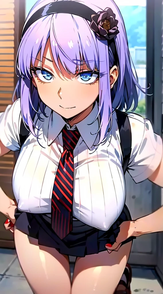 masterpiece, best quality, highres, BREAK,
Hotaru, purple hair, hairband, ringed eyes, blue eyes, hair flower, hair ornament, short hair,large breasts, Playful face,
suspenders, red nails, necktie, suspender skirt, shirt