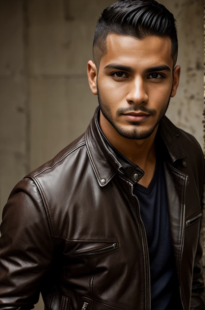 Handsome young Nicaraguan hairless man with short hairstyle and leather jacket