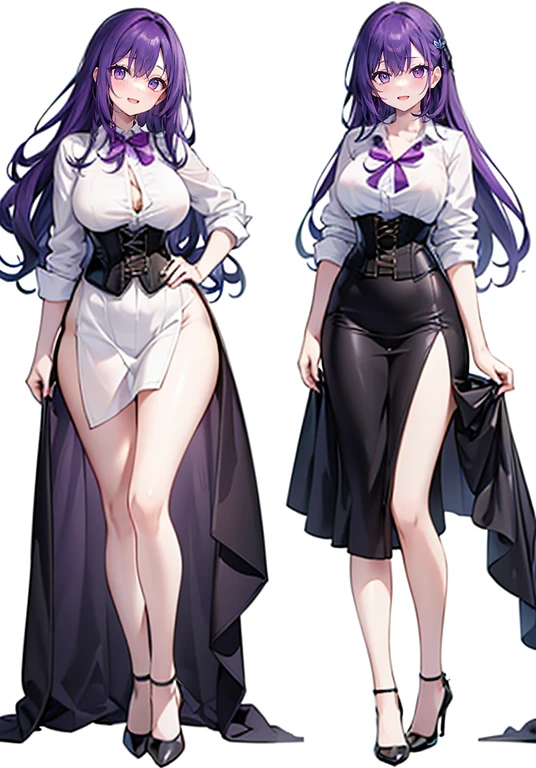 Purple hair,long hair,Adult female,suit,((White shirt)),((Rolling up your sleeves shirt)),(corset),(skirt),(slit),High heels,((Simple White background)),Smile,((Full body)),((whole body)),(((upright)))