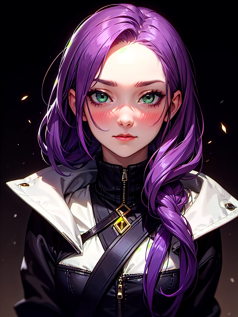 ((Portrait)), She has an Graceful, Purple-Haired Appearance, with Childlike Charm, Pale Skin, and a Very Small Build. She Expresses an Indifferent and Blushing Look, Giving Off a Warm Attitude. She has Light Green Eyes, and Her Hair is Long and Tousled, Dark Purple, with Strands Falling Over Her Forehead. She Wears a Winter Coat. ((Portrait, HDR, Dark Background))