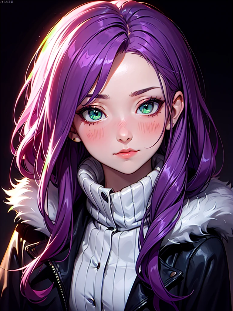 ((Portrait)), She has an Graceful, Purple-Haired Appearance, with Childlike Charm, Pale Skin, and a Very Small Build. She Expresses an Indifferent and Blushing Look, Giving Off a Warm Attitude. She has Light Green Eyes, and Her Hair is Long and Tousled, Dark Purple, with Strands Falling Over Her Forehead. She Wears a Winter Coat. ((Portrait, HDR, Dark Background))