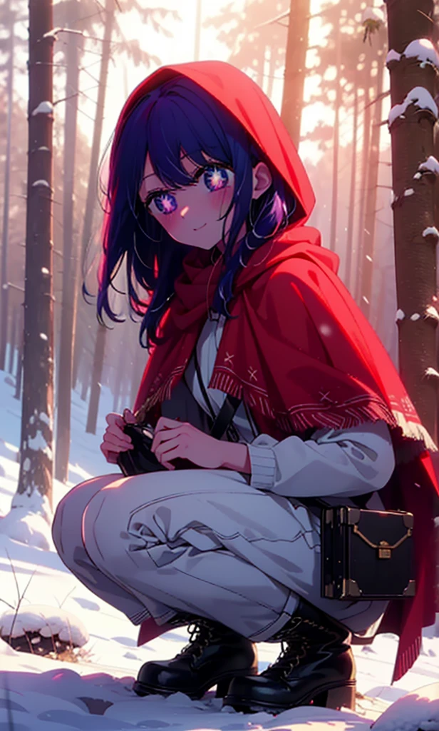 aihoshino, Ai Hoshino, Long Hair, bangs, (Purple eyes:1.1), Purple Hair, (Symbol-shaped pupil:1.5), smile,,smile,blush,White Breath,
Open your mouth,snow,Ground bonfire, Outdoor, boots, snowing, From the side, wood, suitcase, Cape, Blurred, , forest, White handbag, nature, Squat, Mouth closed, Cape, winter, Written boundary depth, Black shoes, red Cape break looking at viewer, Upper Body, whole body, break Outdoor, forest, nature, break (masterpiece:1.2), Highest quality, High resolution, unity 8k wallpaper, (shape:0.8), (Beautiful and beautiful eyes:1.6), Highly detailed face, Perfect lighting, Highly detailed CG, (Perfect hands, Perfect Anatomy),