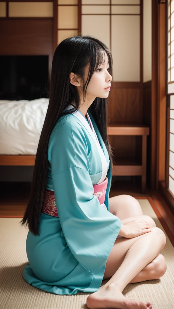 Highest quality, 8K, Representative works in detail, Ultra-high resolution)), whole bodyポートレート、Frontal portrait、indoor、indoor、Japanese women,Age 25、barefoot、Stand up straight、whole body、whole bodyを撮影する、whole bodyの画像、whole bodyポートレート、profile image、coastal、Tatami room、Sitting、wear Kimono、Long Straight Hair