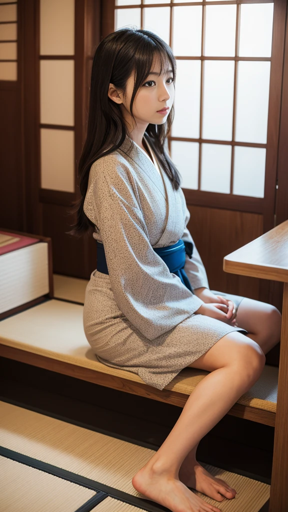 Highest quality, 8K, Representative works in detail, Ultra-high resolution)), whole bodyポートレート、Frontal portrait、indoor、indoor、Japanese women,Age 25、barefoot、Stand up straight、whole body、whole bodyを撮影する、whole bodyの画像、whole bodyポートレート、profile image、coastal、Tatami room、Sitting、wear Kimono、Long Straight Hair