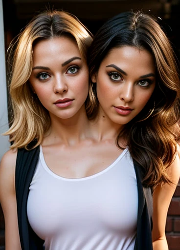 best resolution, 2 heads, two different people become conjoined, different heads, different hair colors, different hair styles, ((blonde hair)), (brunette hair)), 25 years old, cute, sexy, angry, two heads arguing with each other