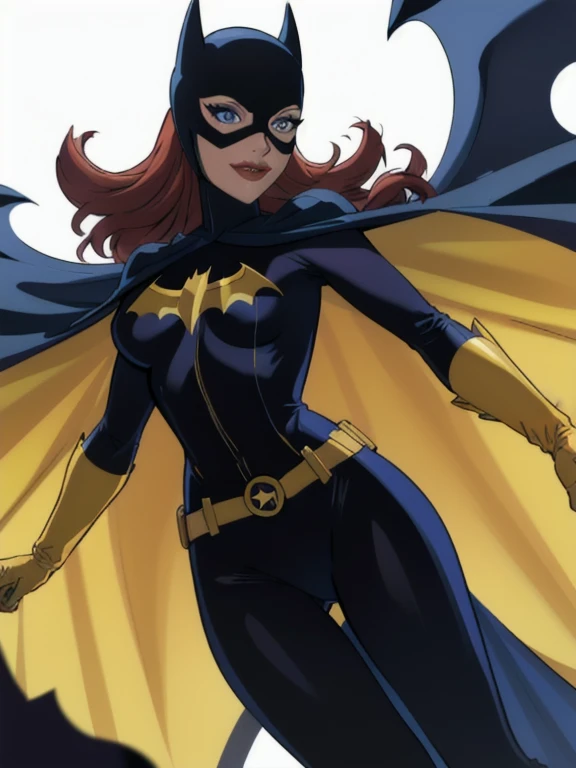 BarbaraG, 1girl, solo, long blue cape, blue mask, belt, gloves, blue eyes, superhero, long hair, bodysuit, lipstick, batgirl, park, smile, cape under her shoulders