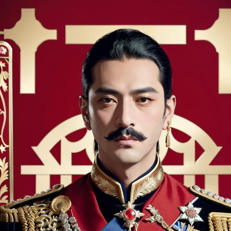 Araffe, in a red, black, blue and gold uniform, poses for a photo., royal an emperor, Order of Akira, Biopic, Insulting like Napoleon, Beautiful Prince, proud an emperor, Godfather Khan, Inspired by Yasutomo Oka, Insulting by impersonating Napoleon, portrait of the empire, french an emperor, royal portrait, Emir, an emperor, Rafael Pernaz
