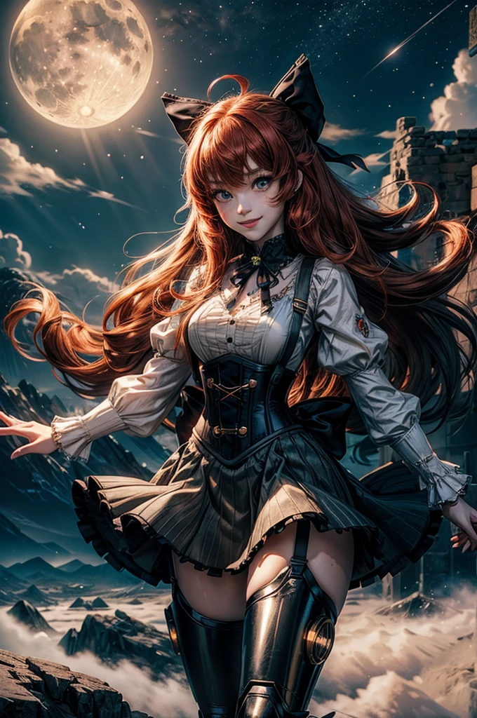 night, moon, stars, cowboy shot, (dynamic pose), smile, underbust, Penny Polendina, long red hair, neck ribbon, suspender skirt, corset, black bow, white blouse, mechanical legs, neon trim, flying in the air, blue sky, above a valley, clouds (volumetric lighting), intricate details, tonemapping, sharp focus, hyper detailed