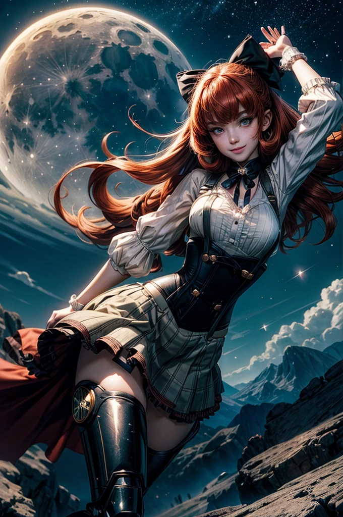 night, moon, stars, cowboy shot, (dynamic pose), smile, underbust, Penny Polendina, long red hair, neck ribbon, suspender skirt, corset, black bow, white blouse, mechanical legs, neon trim, flying in the air, blue sky, above a valley, clouds (volumetric lighting), intricate details, tonemapping, sharp focus, hyper detailed