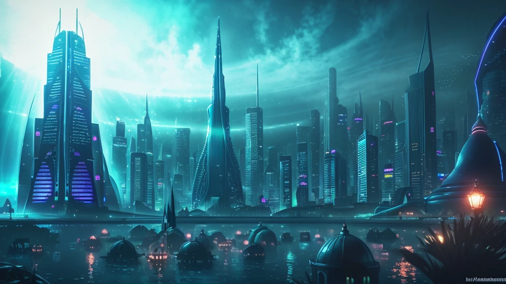 A fantastical and serene deep-sea city. Viewed from the ocean floor looking up towards the water surface. The city is very large with futuristic buildings, domes, and spires. Completely submerged in clear blue and pink water. The scene has a tranquil and calming atmosphere. Soft glowing lights illuminate the city. The water surface above glitters with sunlight, creating beautiful patterns. The city emits a quiet, artificial light. Surrounded by vibrant marine life and coral formations. The water is deeper, adding to the mysterious and serene feeling. The image is high-resolution, realistic, and in 4K. Capturing the enchanting beauty of the underwater city.