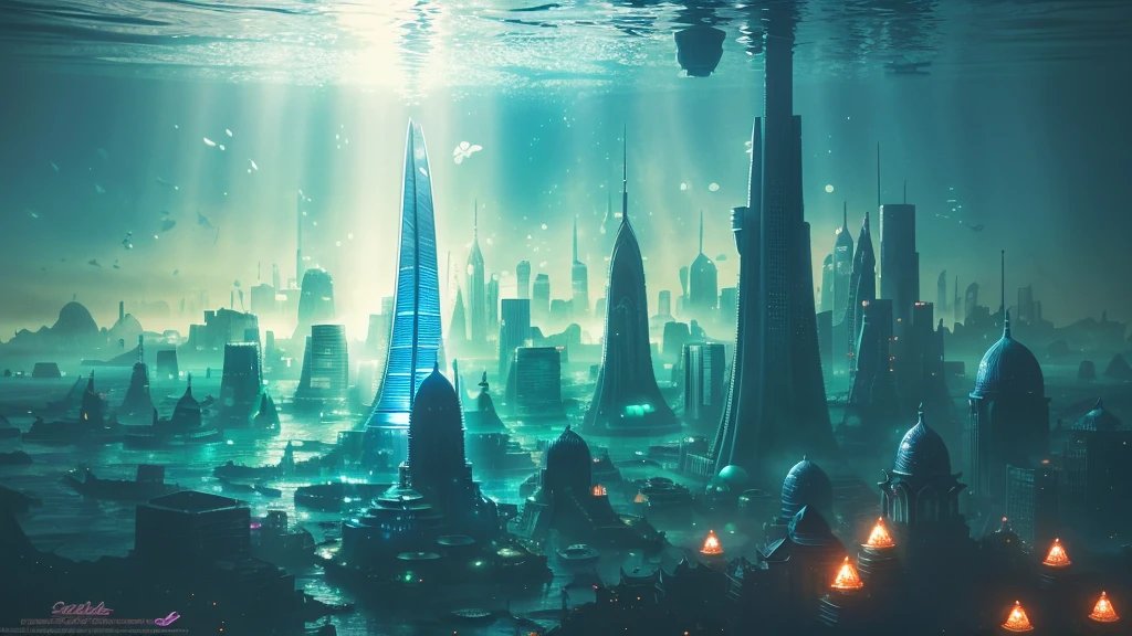 A fantastical and serene deep-sea city. Viewed from the ocean floor looking up towards the water surface. The city is very large with futuristic buildings, domes, and spires. Completely submerged in clear blue and pink water. The scene has a tranquil and calming atmosphere. Soft glowing lights illuminate the city. The water surface above glitters with sunlight, creating beautiful patterns. The city emits a quiet, artificial light. Surrounded by vibrant marine life and coral formations. The water is deeper, adding to the mysterious and serene feeling. The image is high-resolution, realistic, and in 4K. Capturing the enchanting beauty of the underwater city.