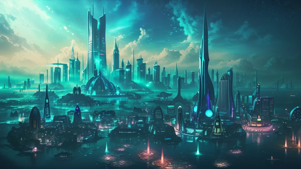 A fantastical and serene deep-sea city. Viewed from the ocean floor looking up towards the water surface. The city is very large with futuristic buildings, domes, and spires. Completely submerged in clear blue and pink water. The scene has a tranquil and calming atmosphere. Soft glowing lights illuminate the city. The water surface above glitters with sunlight, creating beautiful patterns. The city emits a quiet, artificial light. Surrounded by vibrant marine life and coral formations. The water is deeper, adding to the mysterious and serene feeling. The image is high-resolution, realistic, and in 4K. Capturing the enchanting beauty of the underwater city.
