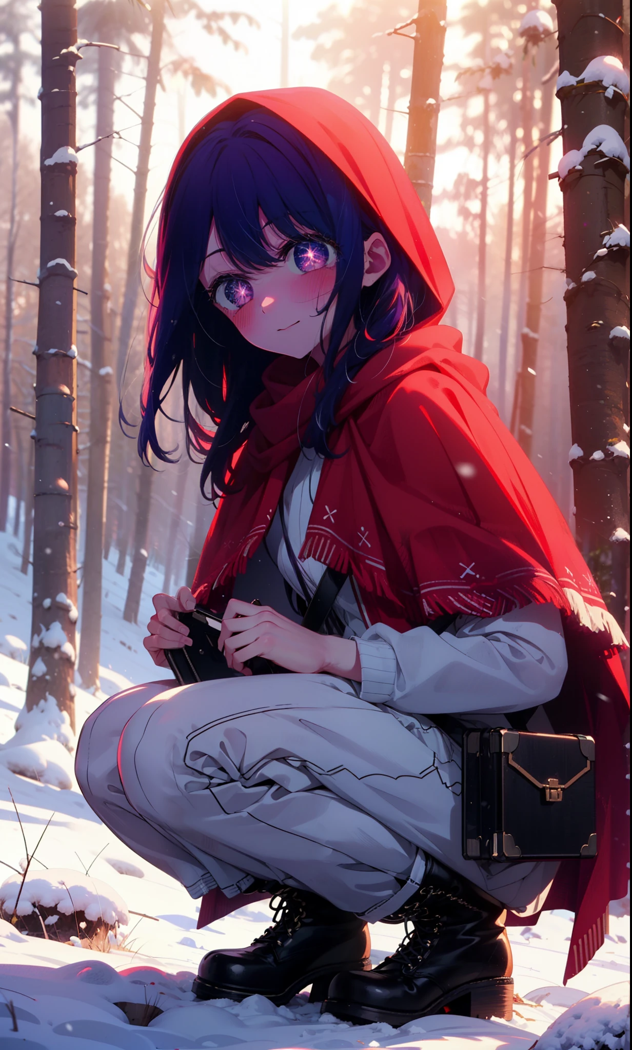 aihoshino, Ai Hoshino, Long Hair, bangs, (Purple eyes:1.1), Purple Hair, (Symbol-shaped pupil:1.5), smile,,smile,blush,White Breath,
Open your mouth,snow,Ground bonfire, Outdoor, boots, snowing, From the side, wood, suitcase, Cape, Blurred, , forest, White handbag, nature,  Squat, Mouth closed, Cape, winter, Written boundary depth, Black shoes, red Cape break looking at viewer, Upper Body, whole body, break Outdoor, forest, nature, break (masterpiece:1.2), Highest quality, High resolution, unity 8k wallpaper, (shape:0.8), (Beautiful and beautiful eyes:1.6), Highly detailed face, Perfect lighting, Highly detailed CG, (Perfect hands, Perfect Anatomy),