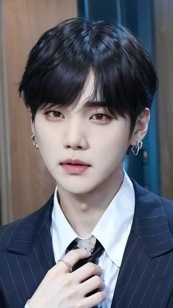 Image of black haired yoongi, young pale angel, innocent look, Suga BTS, chico bts, pale korean adorable face, taken in the early 2020s, has a penetrating look, key still, ten reads, kpop idol suga, Min Yoongi, Yoongi&#39;s way bts. Realistic hyper realistic real image , Yoongi&#39;s way, yoongi face