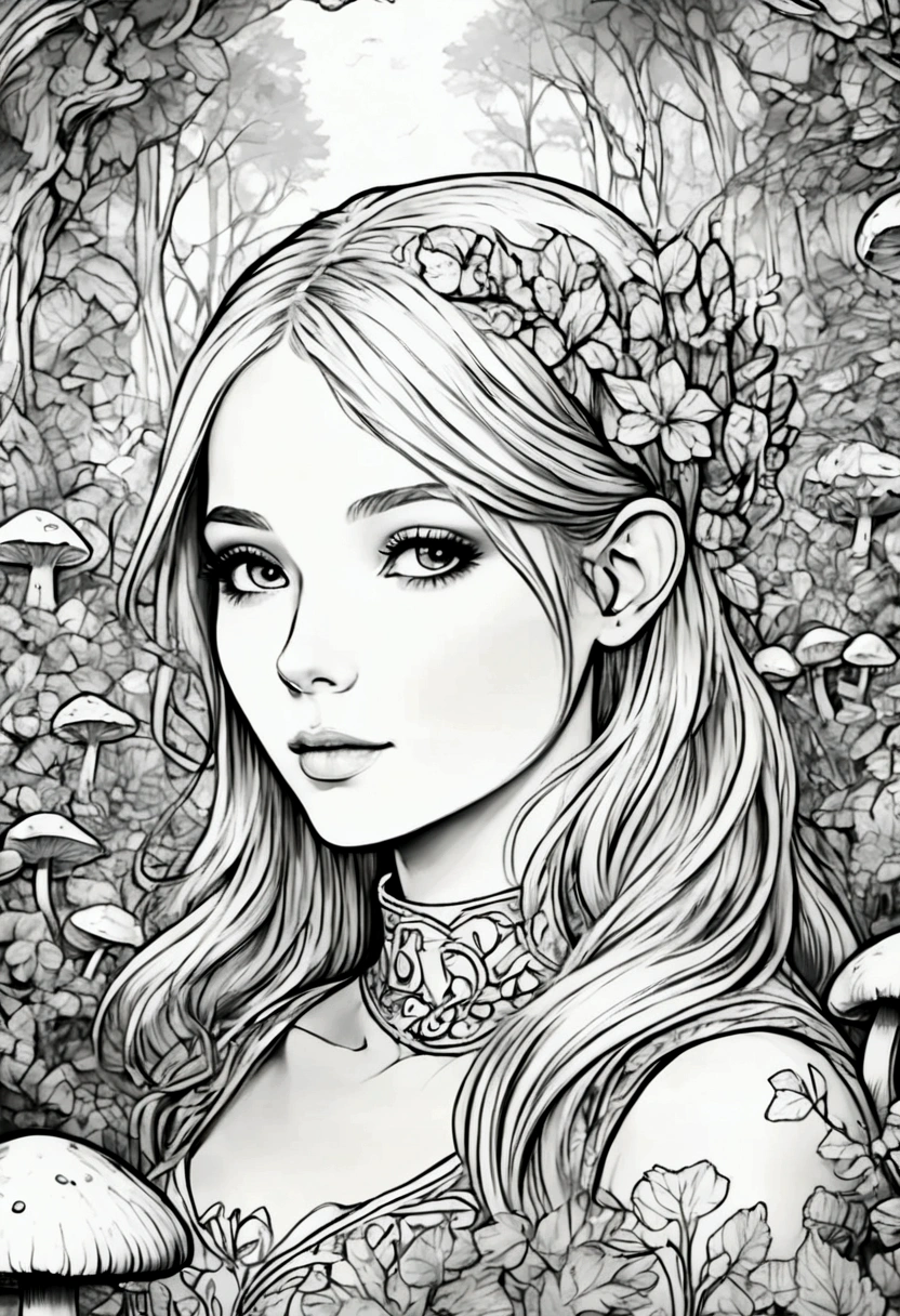 A fairy surrounded by glowing mushrooms in an enchanted forest, clean line art, white background, colouring page, clean outline, sketch style, floral frame, decorative panel, abstract ,sketch, character lines and scenes without colors and shadows. (Masterpiece, Best Quality, Highres:1.4), Detailed, Intricate Details, 4K, color splashes, line art