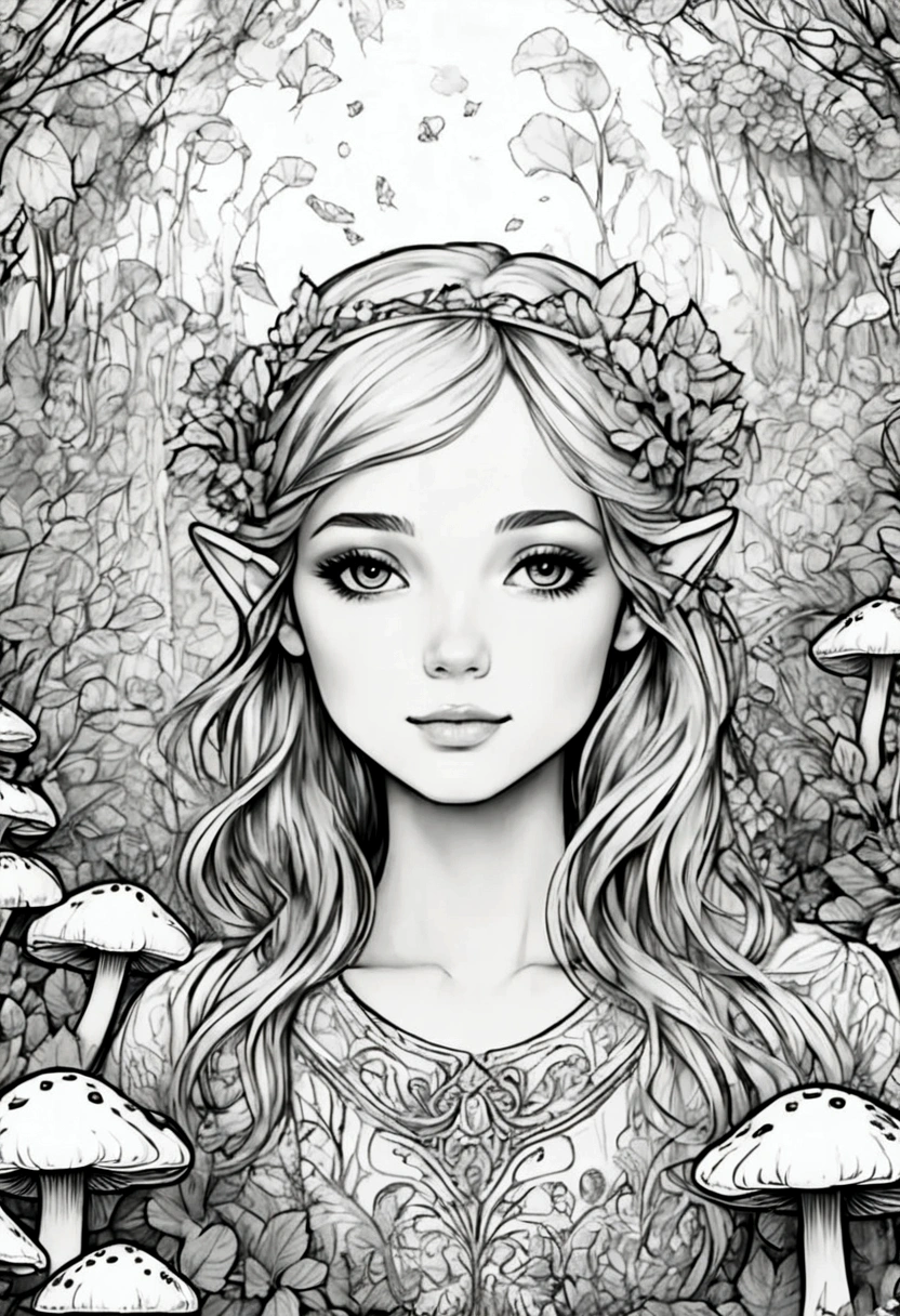 A fairy surrounded by glowing mushrooms in an enchanted forest, clean line art, white background, colouring page, clean outline, sketch style, floral frame, decorative panel, abstract ,sketch, character lines and scenes without colors and shadows. (Masterpiece, Best Quality, Highres:1.4), Detailed, Intricate Details, 4K, color splashes, line art

